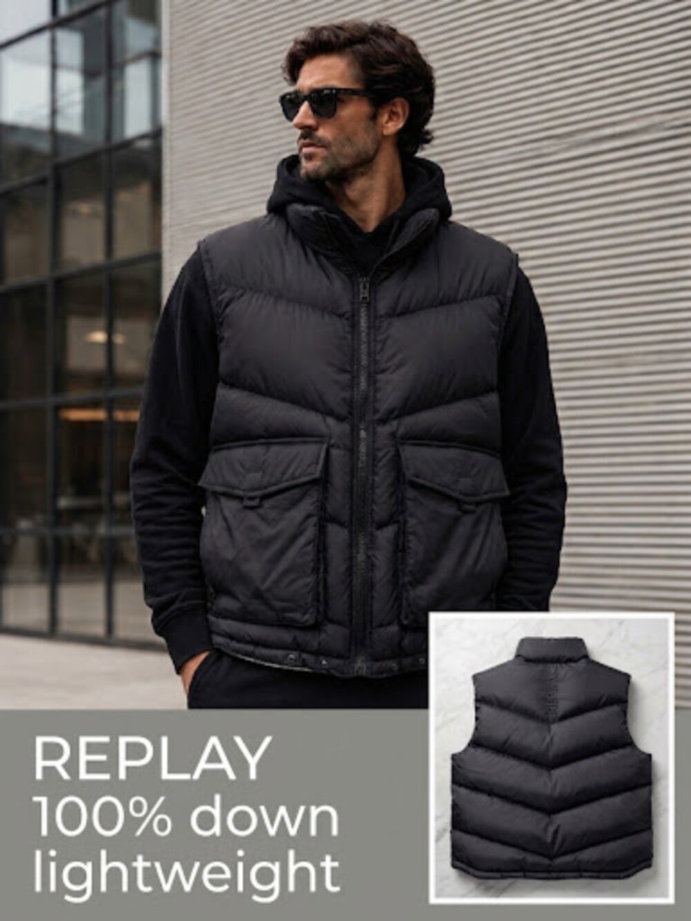 Replay Black Lightweight Down Puffer Vest Size L